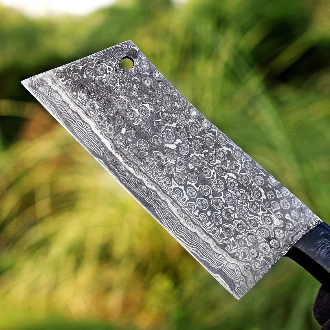 Engraved leather sheath for Damascus steel cleaver