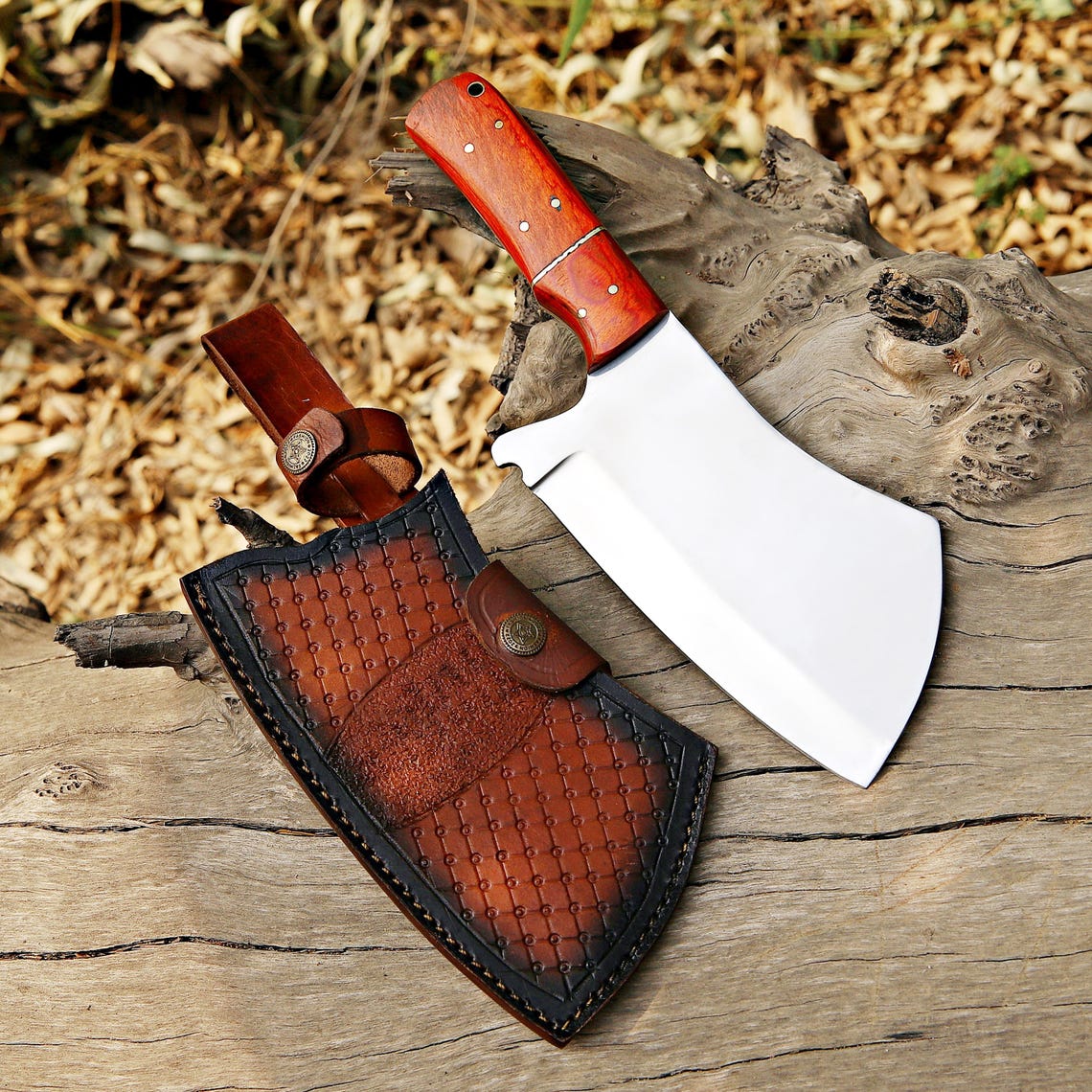 Handmade J2 Steel mirror polish Cleaver Knife, Meat Chopper Knife With Leather Sheath Cover