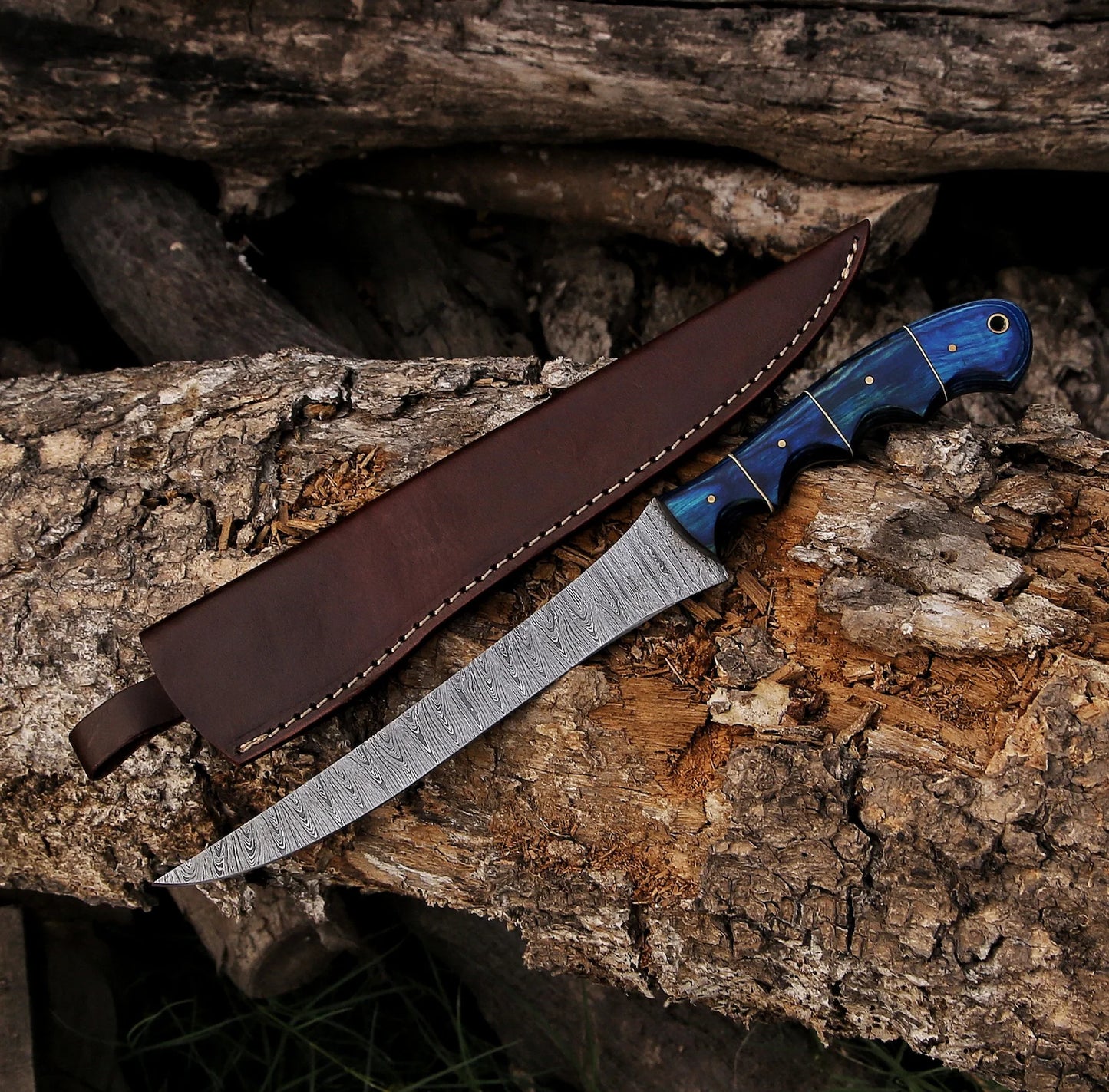 Fillet Knife Handmade Damascus kitchen knife , With Leather Sheath Cover