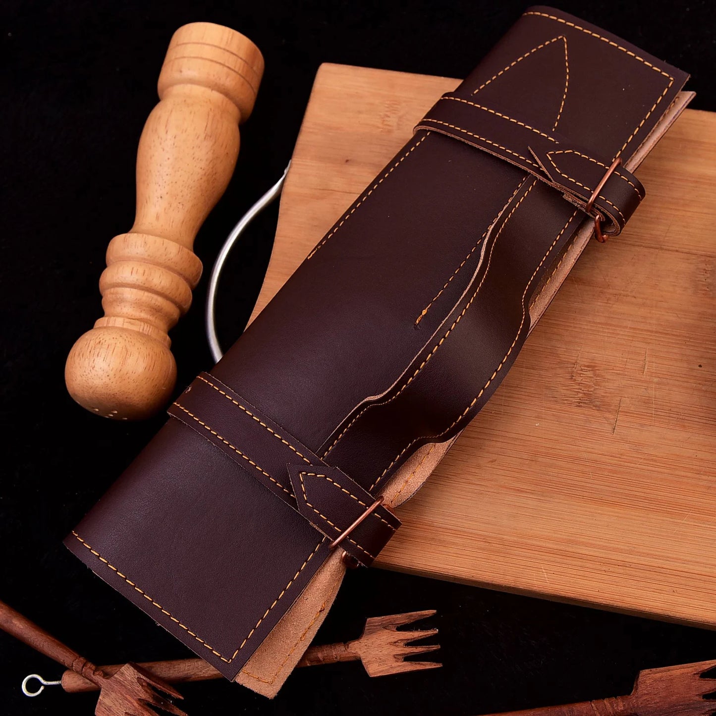 4 piece Chef knives set Hand Forge chef knives Antler knives Set With Leather Roll Kit Bag