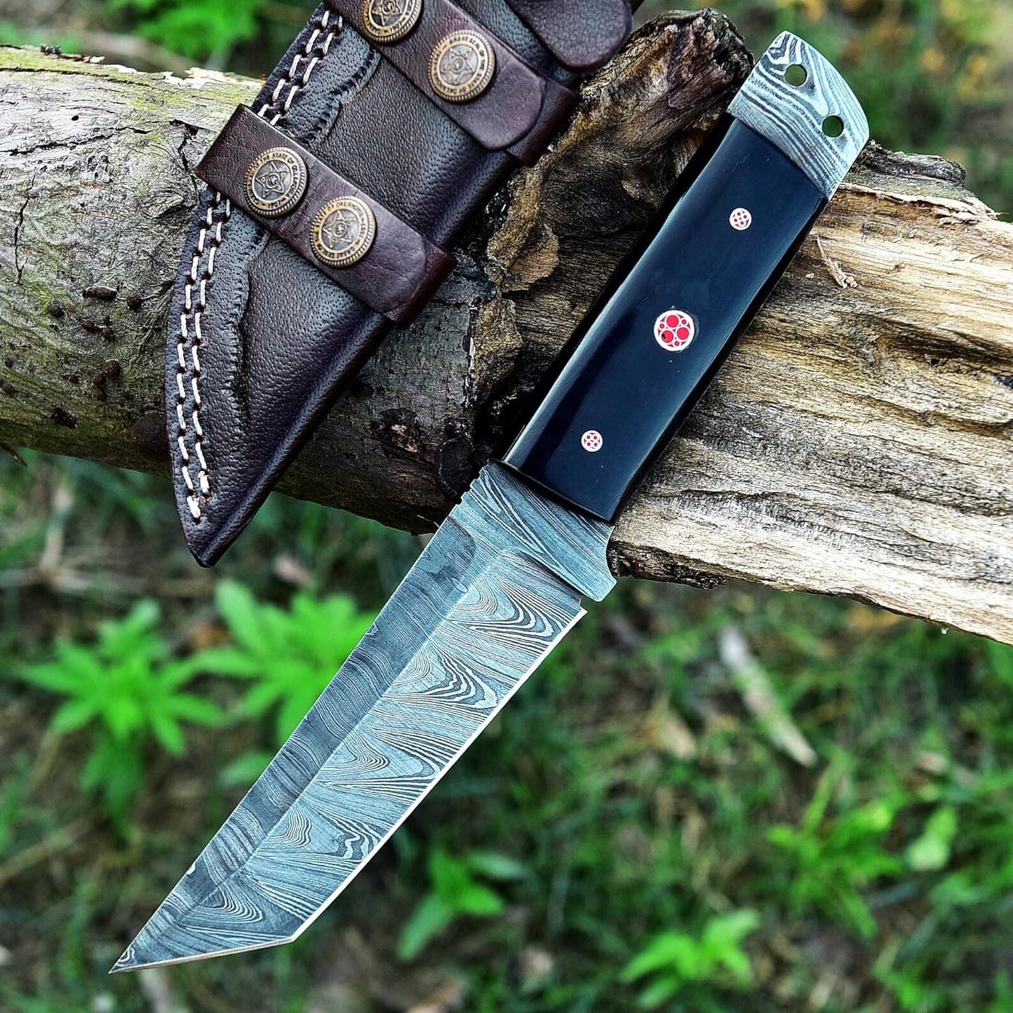 Hand Crafted Damascus Steel Buffalos Horn Handle Tanto Knife With Leather Sheath Cover