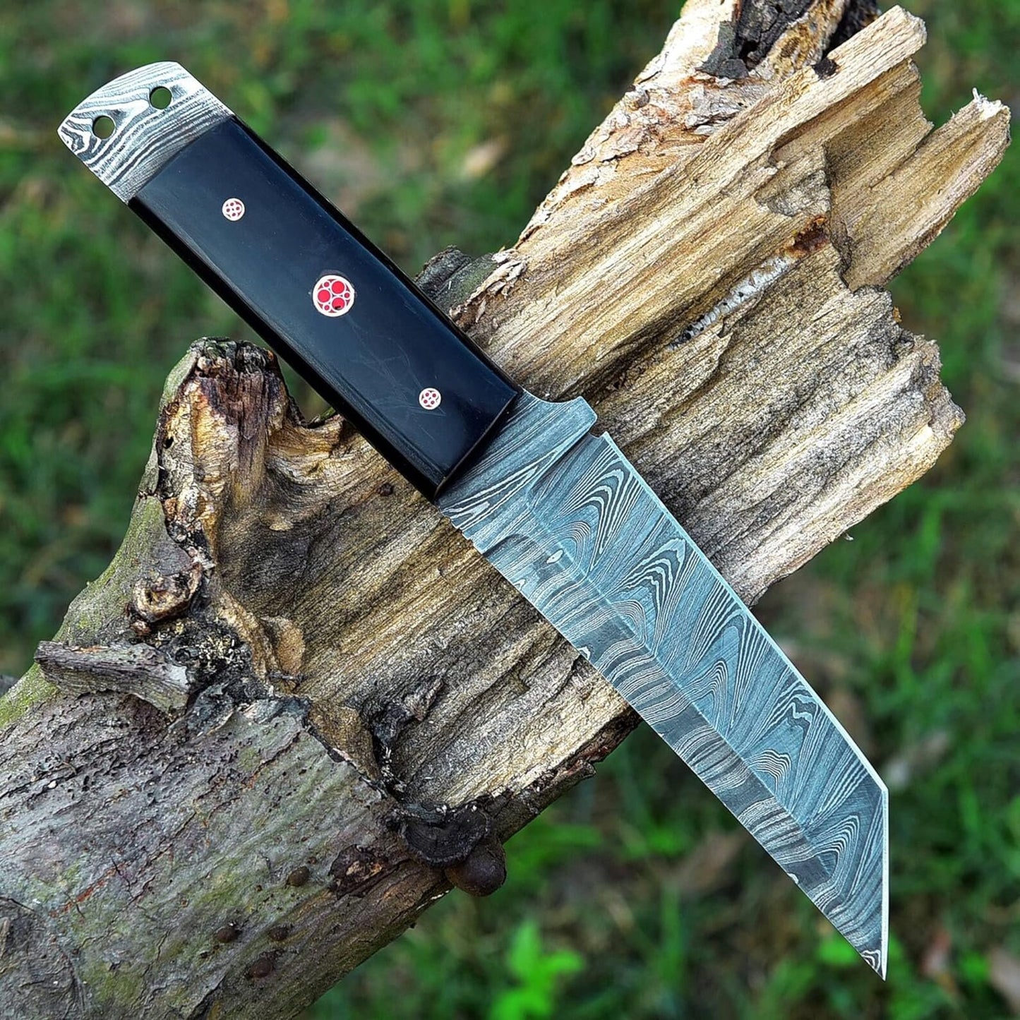 Hand Crafted Damascus Steel Buffalos Horn Handle Tanto Knife With Leather Sheath Cover