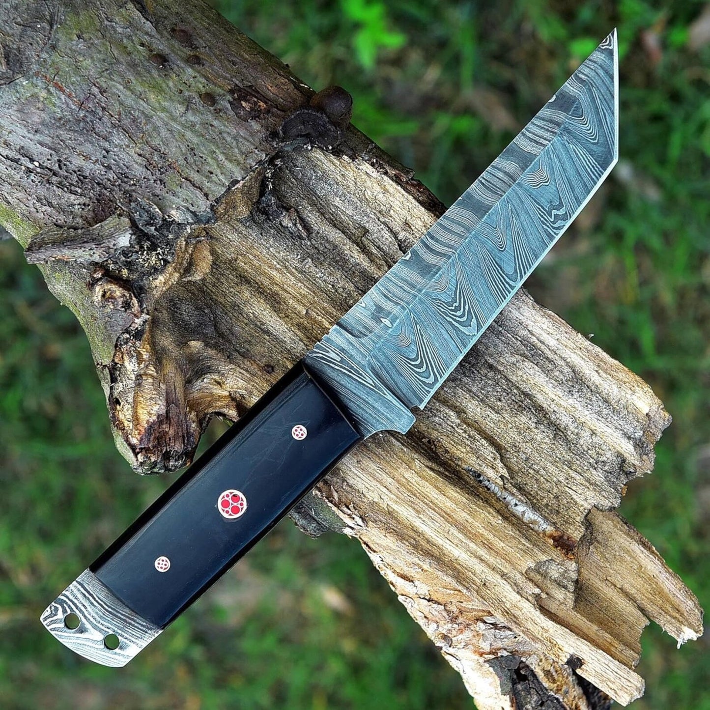 Hand Crafted Damascus Steel Buffalos Horn Handle Tanto Knife With Leather Sheath Cover