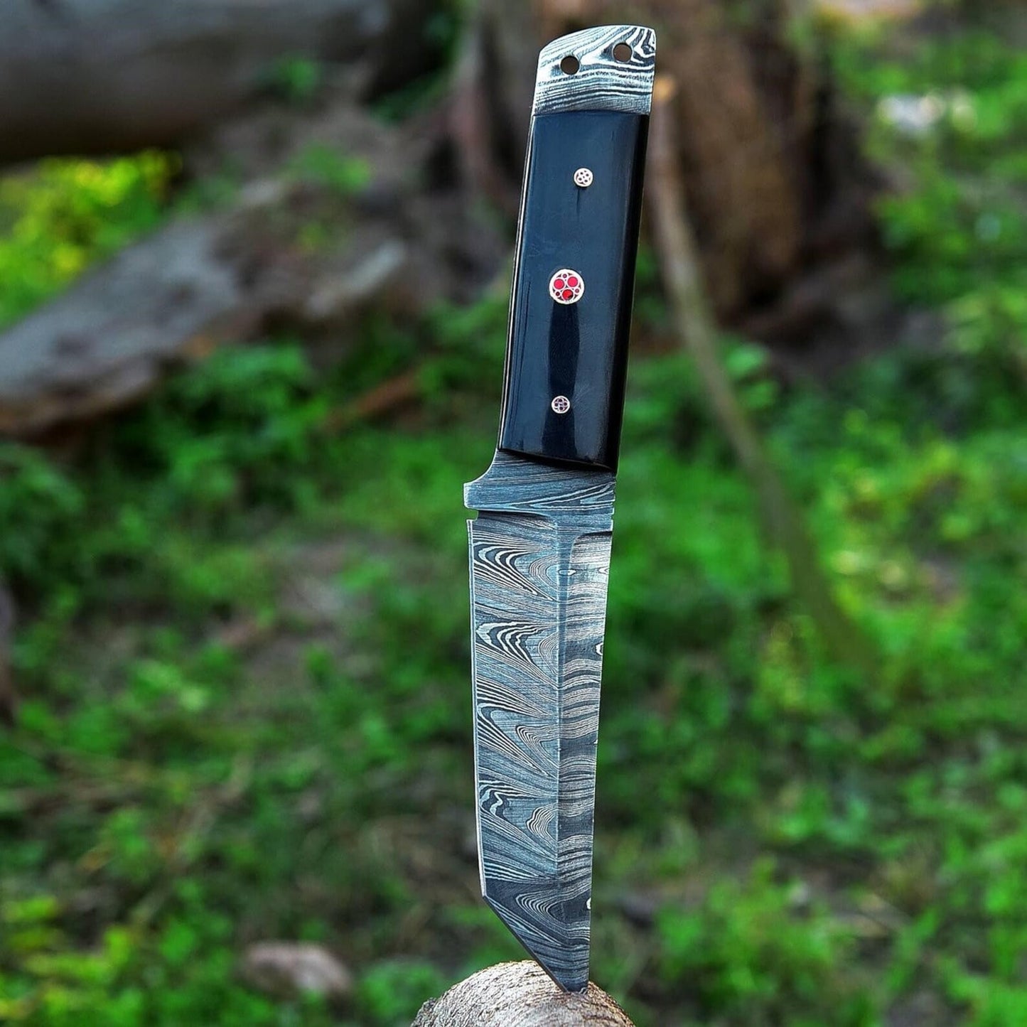 Hand Crafted Damascus Steel Buffalos Horn Handle Tanto Knife With Leather Sheath Cover