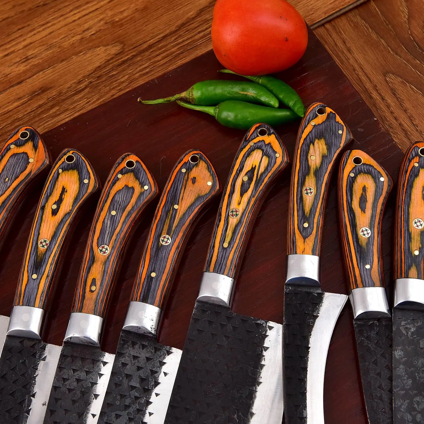 8PCS CUSTOM HANDMADE CARBORN STEEL KITCHEN SET WOOD HANDLE ||DRS KNIVES HUB