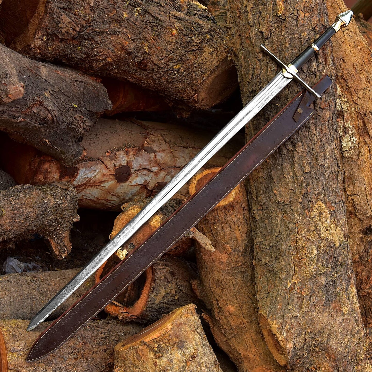 HANDMADE DAMASCUS STEEL VIKING SWORD WITH LEATHER SHEATH COVER || DRS KNIVES HUB