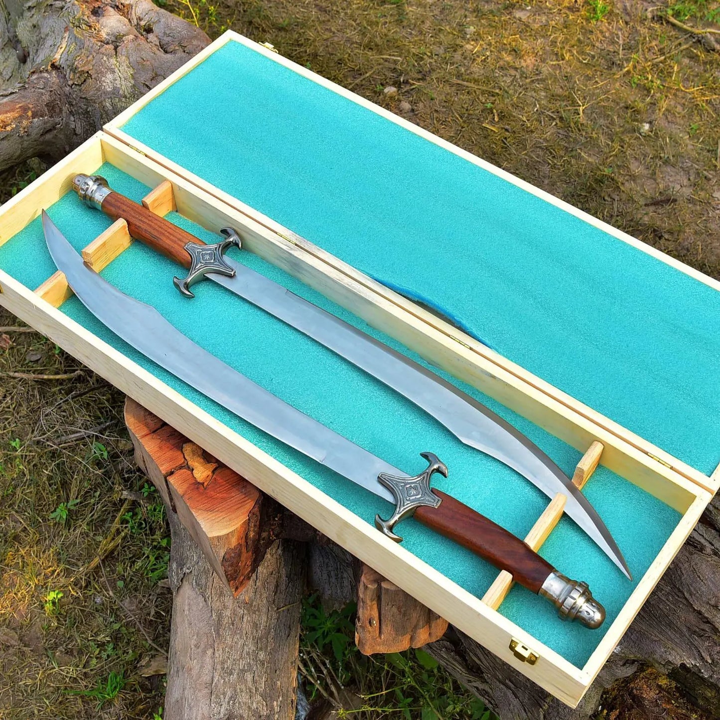 PAIR OF HANDMADE D2 STEEL SWORDS WOODEN HANDLE WITH WOODEN BOX|| DRS KNIVES HUB