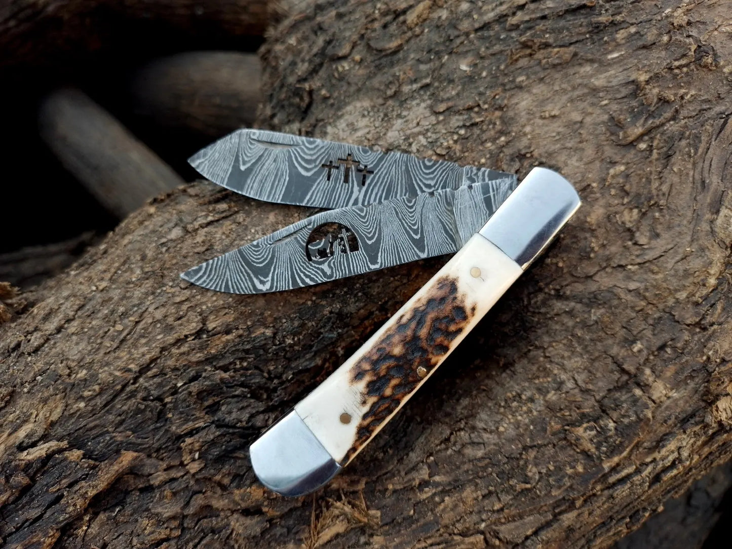 Dual-Blade Trapper Pocket Knife | Stag Antler Handle | Cross-Draw Sheath | DRSKNIVES HUB