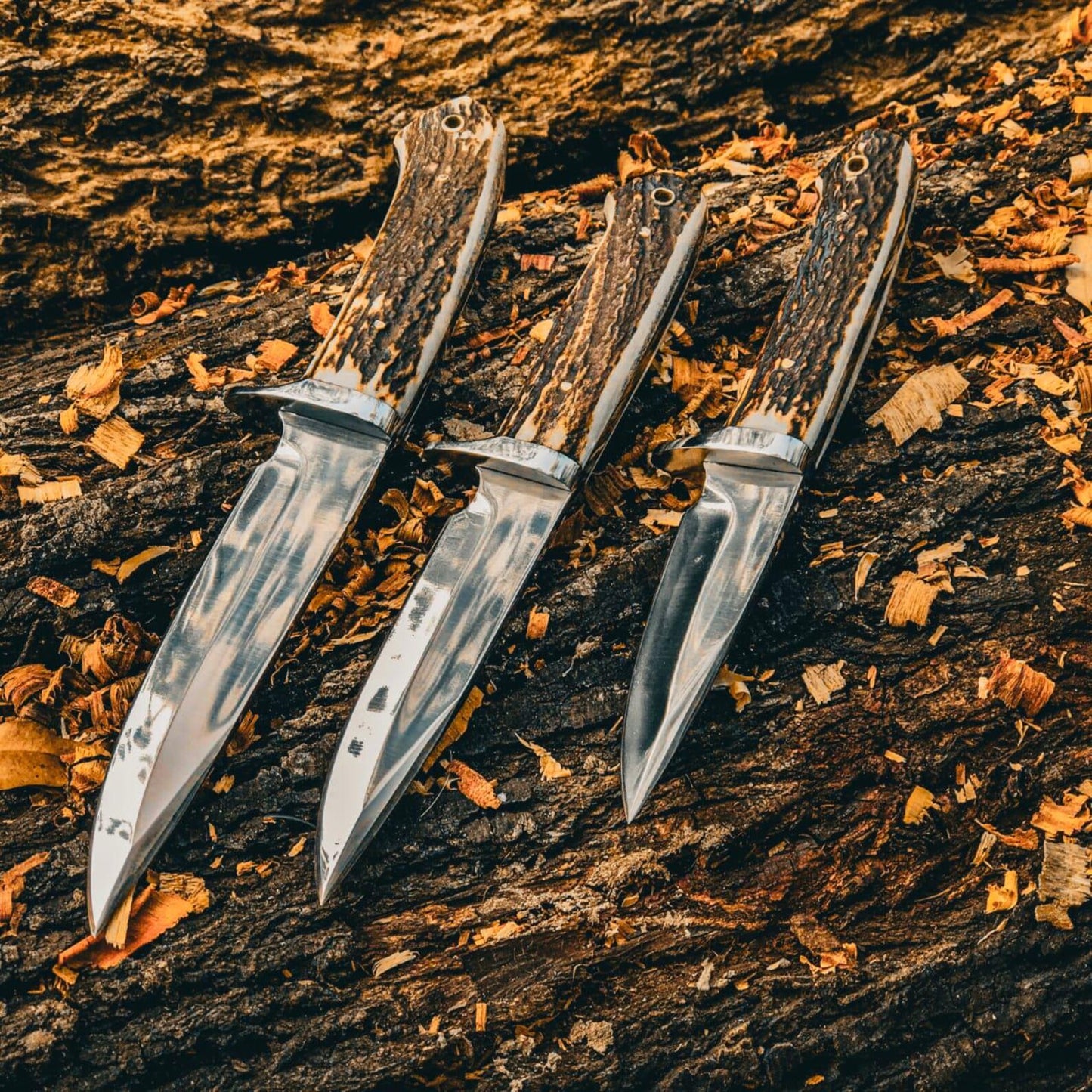 Stag Handle Fixed Blade Knives – Bob Loveless Style Stainless Steel Blades with Handmade Leather Sheaths