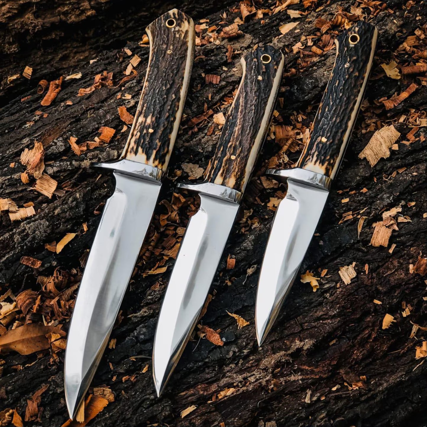 Stag Handle Fixed Blade Knives – Bob Loveless Style Stainless Steel Blades with Handmade Leather Sheaths