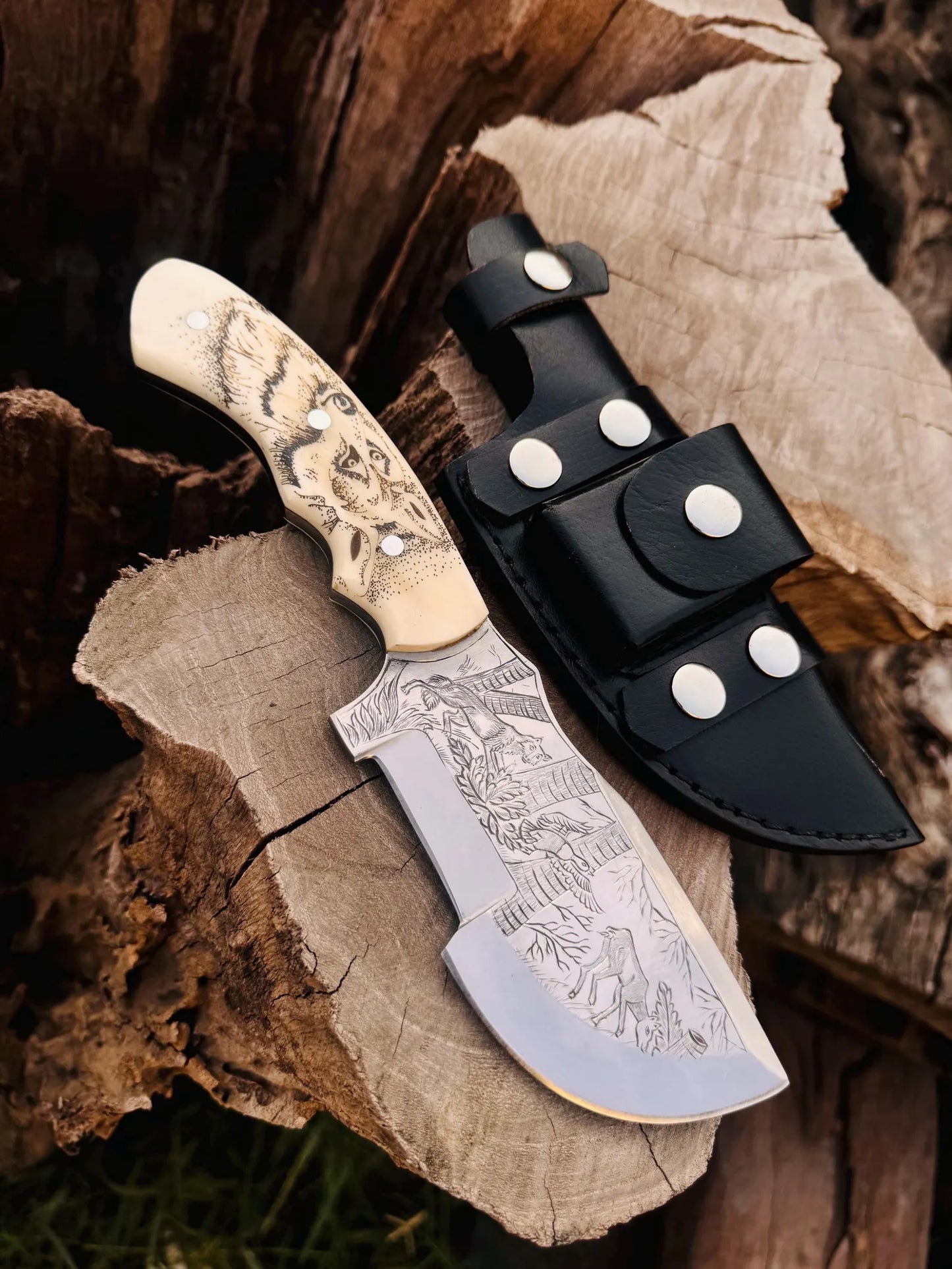 Damascus Tracker Knife – Hand Engraved Camel Bone Handle | DRSKNIVES HUB