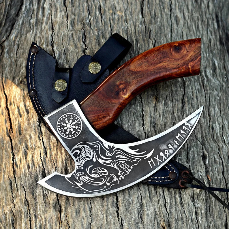 Custom Handmade Viking Style Pizza Cutter Axe Wood Handle With Leather Sheath Cover | Drs Knives Hub