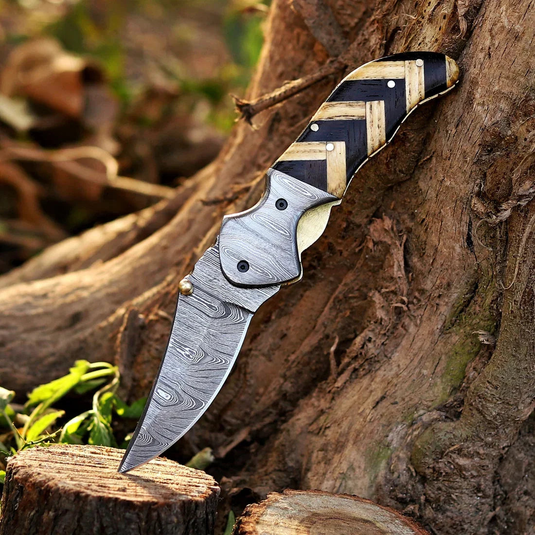 kit-carson-damascus-folding-knife-wood-handle-open_jpg - DRSKNIVES HUB