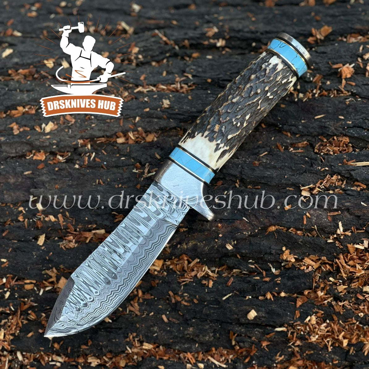 Hunting Knife Antler Horn Handle Custom Handmade Damascus Steel Blade Fixed Knife, Camping knife
