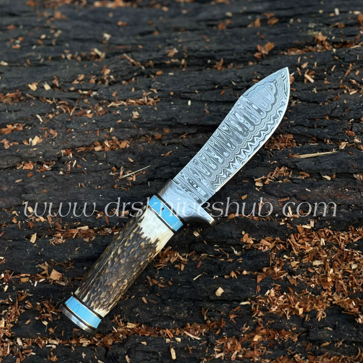Hunting Knife Antler Horn Handle Custom Handmade Damascus Steel Blade Fixed Knife, Camping knife