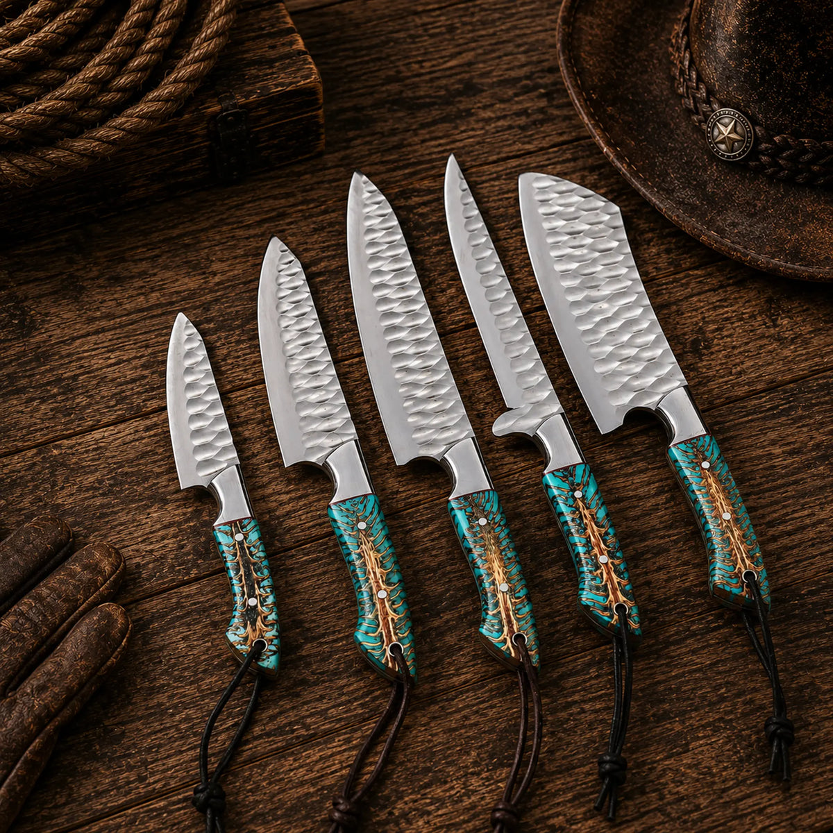 Handmade D2 Steel Chef Knife Set – 5 Piece Kitchen Knife Set with Pine Cone Resin Handles