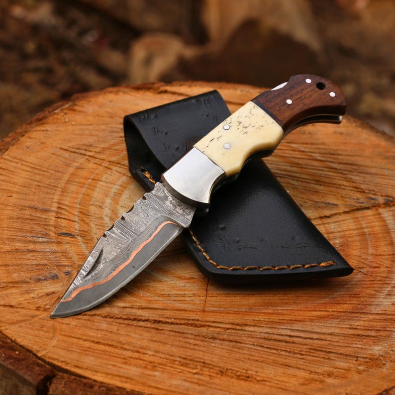 Custom Handmade Damascus Steel Copper Pocket Knife With Leather Sheath Cover