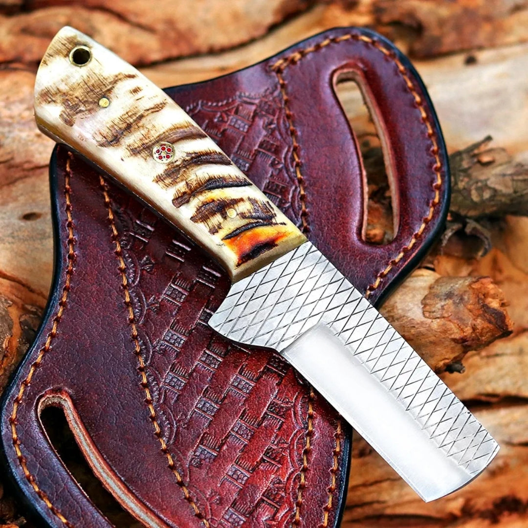 Bull Cutter Knife Handmade Cowboy Knife With Leather Sheath Ram Horn Handle