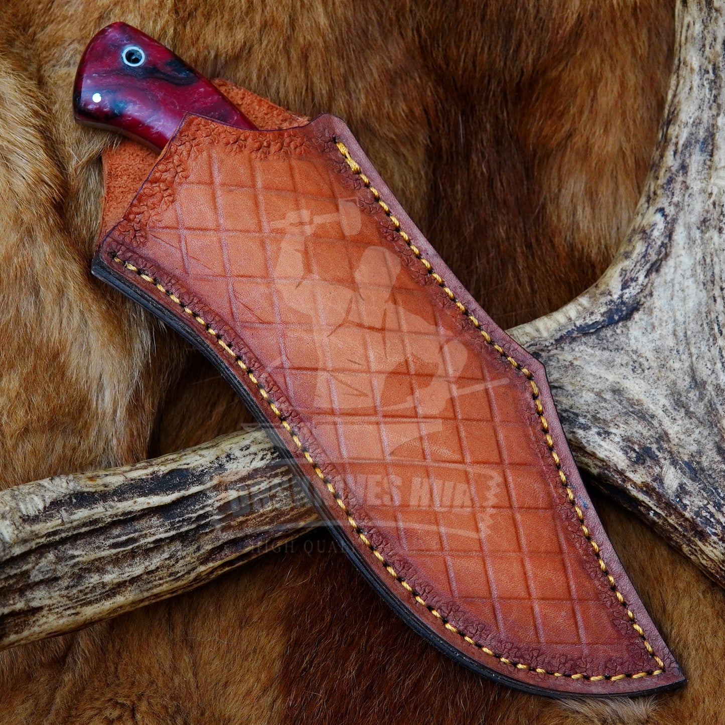 Damascus Steel Hunting Knife with Resin Handle & Leather Sheath