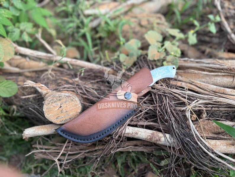 Damascus Steel Tracker Knife - Handmade knife with Resin Handle & Leather Cover | DRSKNIVES HUB