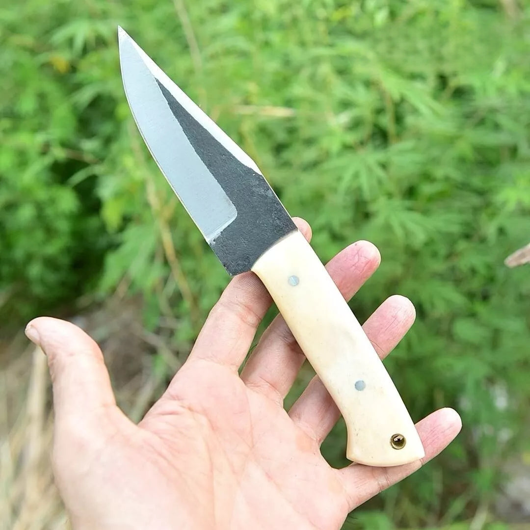 Carbon Steel Fixed Blade Knife Hunting Tactical Outdoor With Leather Sheath Cover