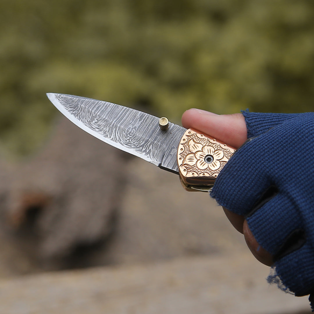 Damascus Pocket Knife 7.5" – Copper Handle with Leather Case | DRSKNIVES HUB