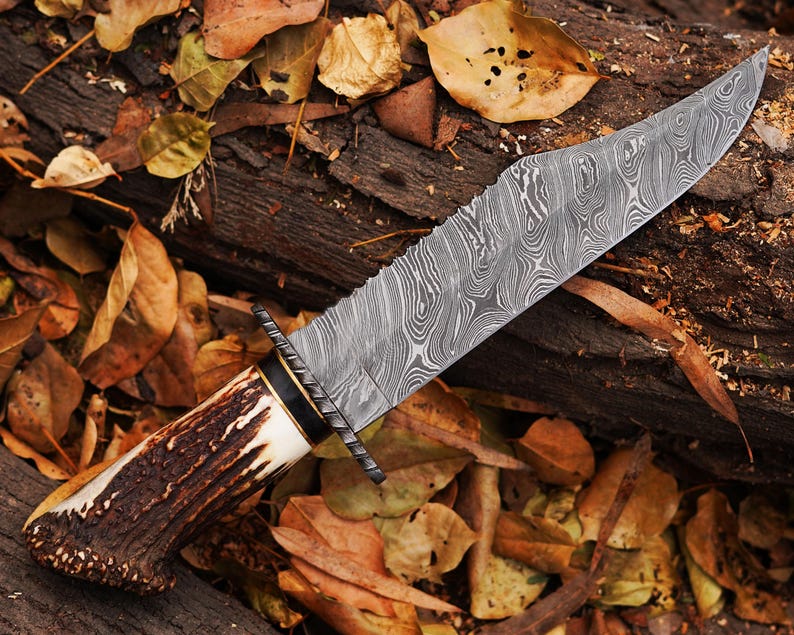 Bowie Knife With Stag Handle Custom Handmade Damascus Steel Blade Outdoor , Bowie, Camping knife With Leather Sheath Cover
