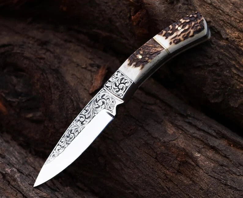Premium Handmade D2 Steel Engraved Hunting knife Antler Handle