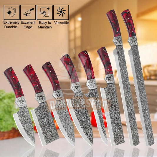 Damascus steel kitchen knives with red marbled handles and pentagram bolsters, featuring intricate blade patterns and durable design.