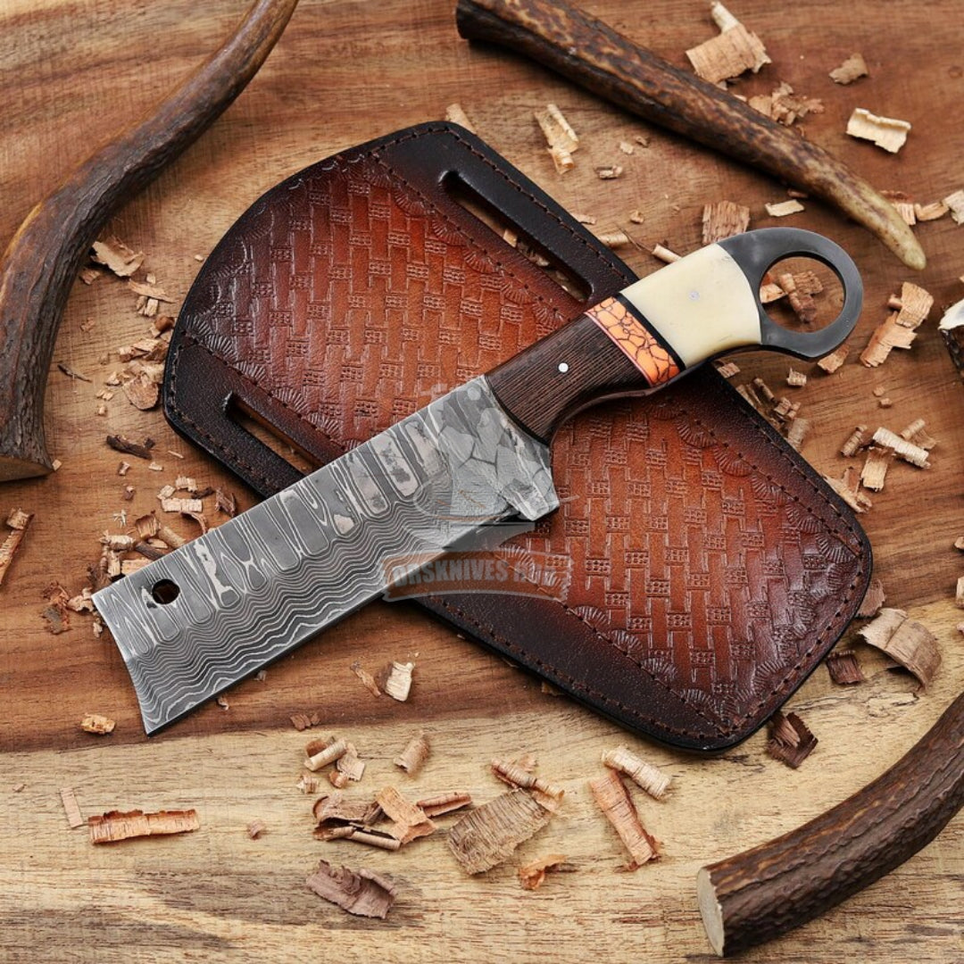 Cowboy knife Damascus Steel Blade Pancake Leather sheath | DRSKNIVES HUB