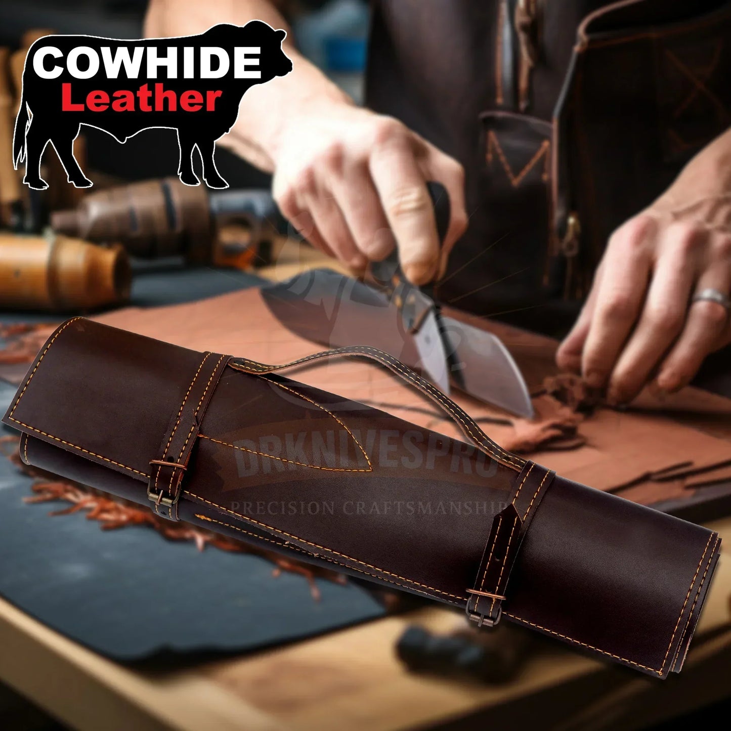 Cowhide leather knife roll with precision craftsmanship, ideal for Damascus chef or hunting knives