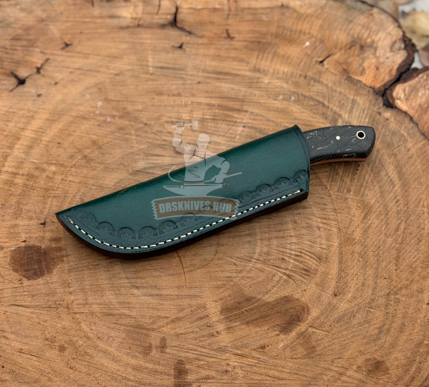 Knife sheath with 'DarkKnives Hub' branding on a wooden surface