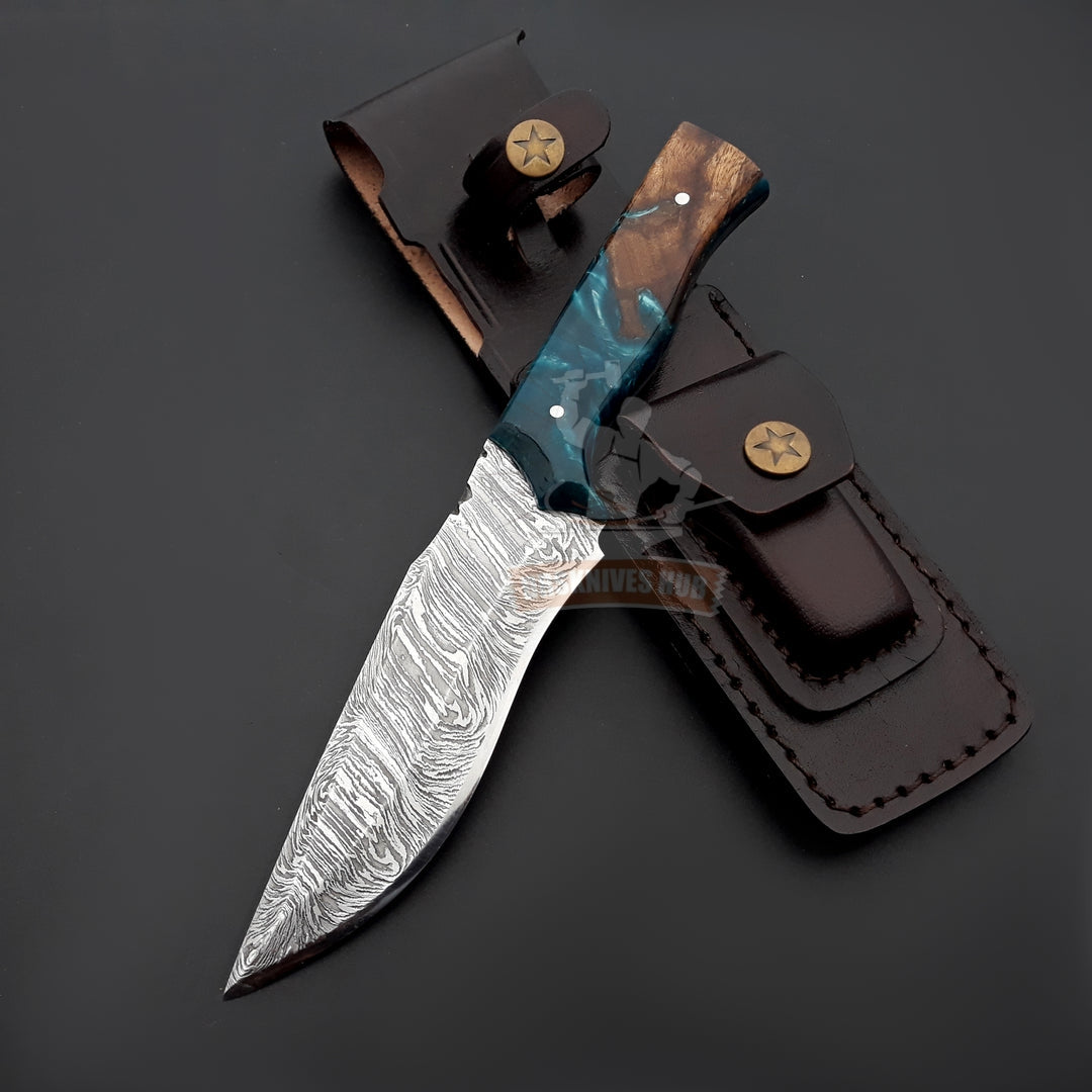 Damascus Hunting Knife 10" – Exotic Rosewood & Resin Handle | DRSKNIVES HUB