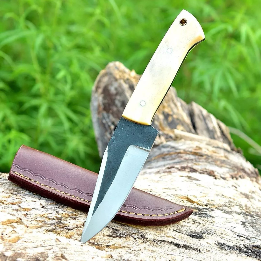 Carbon Steel Fixed Blade Knife Hunting Tactical Outdoor With Leather Sheath Cover