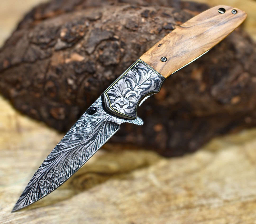 Damascus Pattern Pocket Knife with Exotic Olive Wood Handle