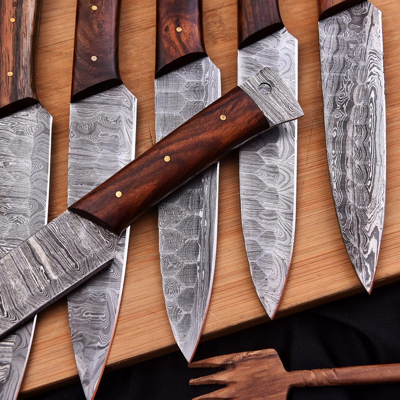 Damascus Steel Handmade Steak knives Set Wood Handle With leather kit