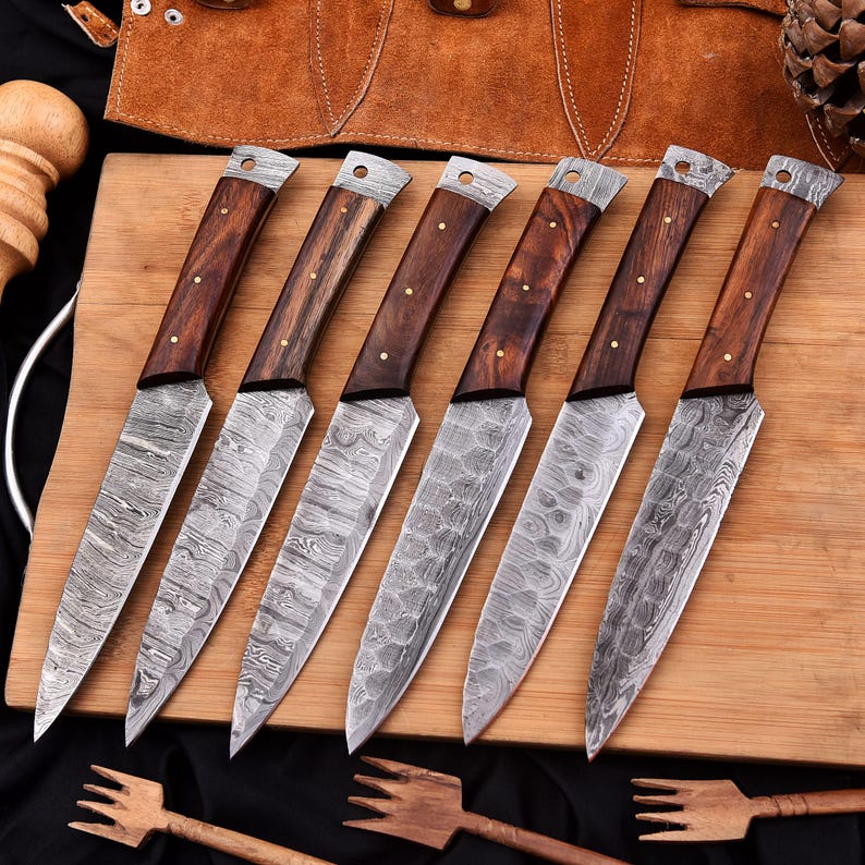 Damascus Steel Handmade Steak knives Set Wood Handle With leather kit