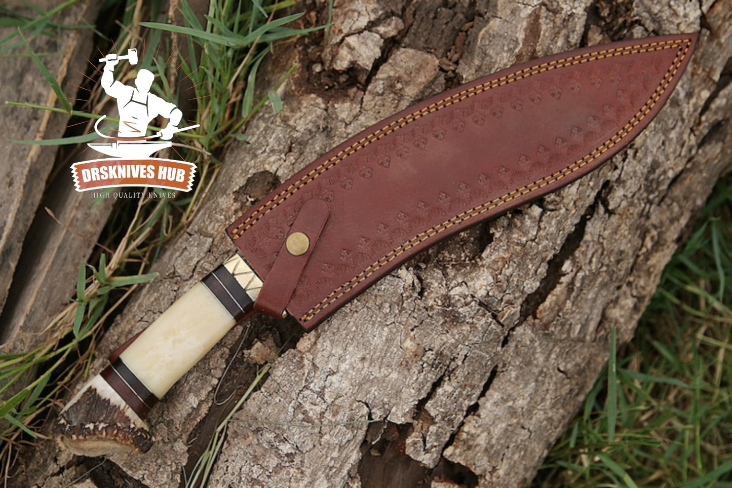 Antler & Bone Horn Handle Custom Made Damascus Steel Kukri knife With Leather Sheath Cover