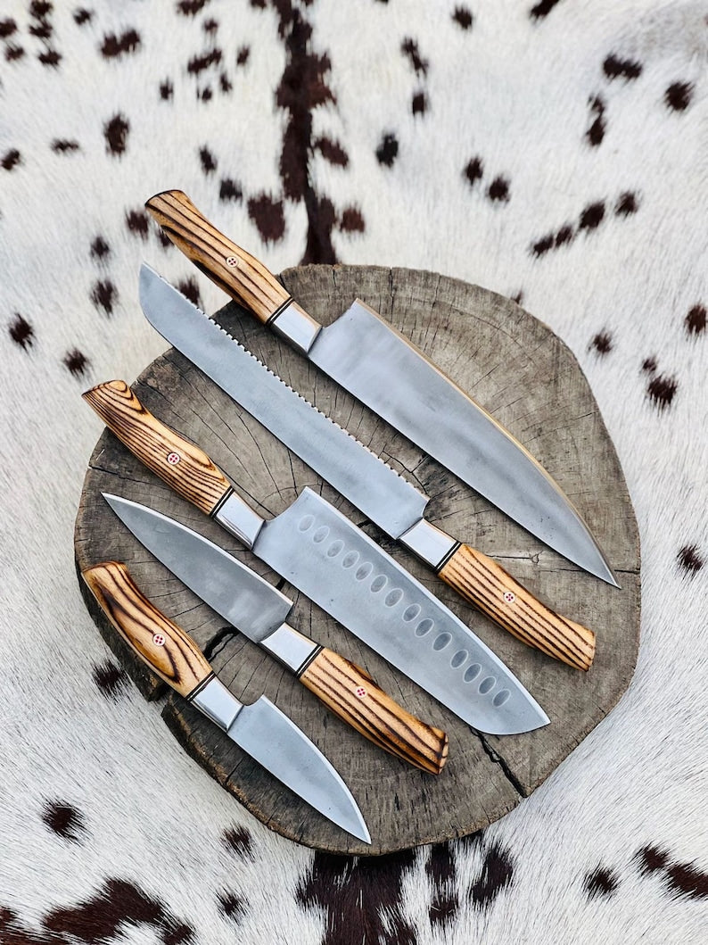 Handmade Stainless Steel Kitchen Knives Set with Leather Roll and Burly Wenge Wood Handles