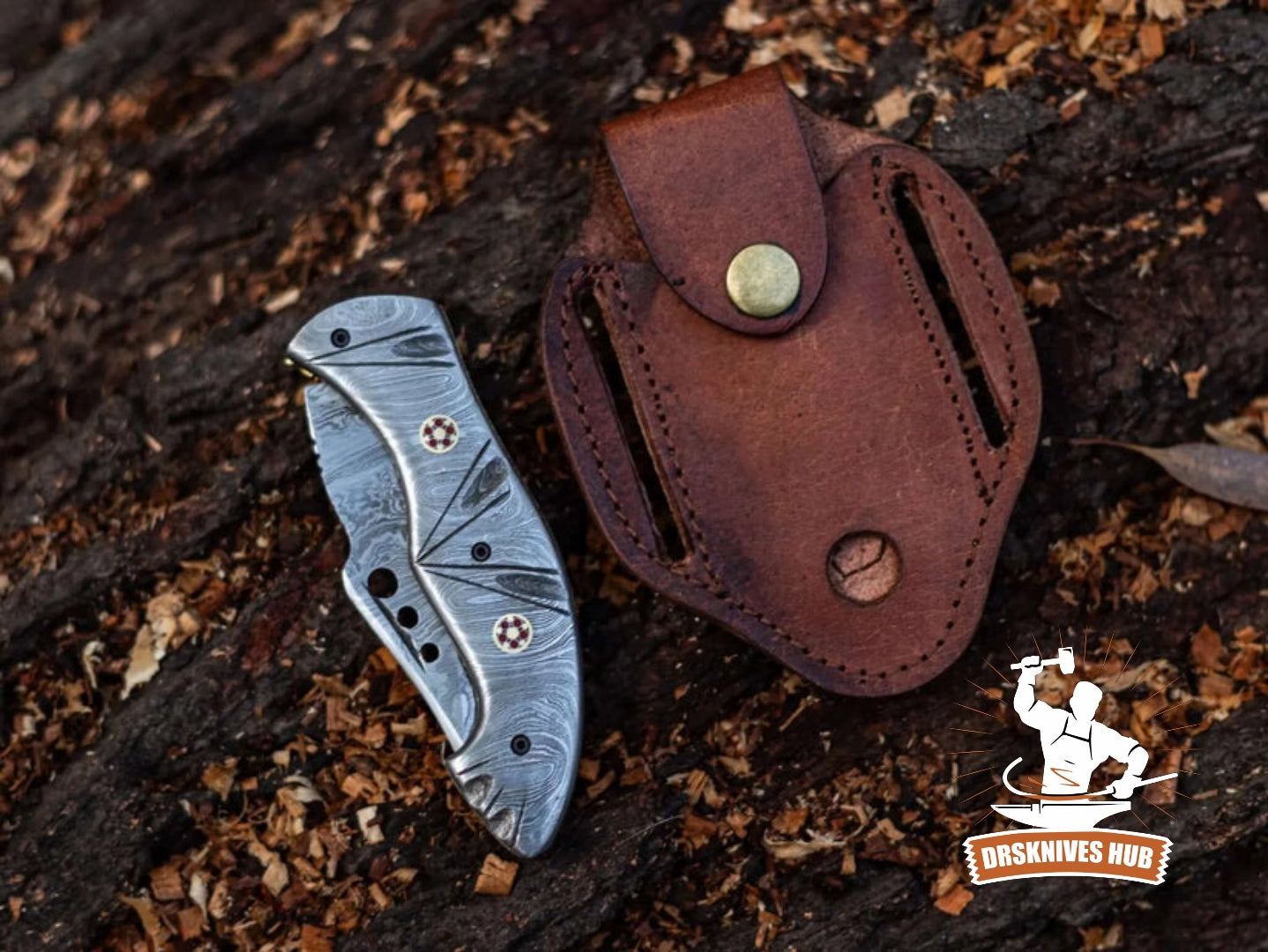 Fully Damascus Steel Pocket Knife With Leather Sheath