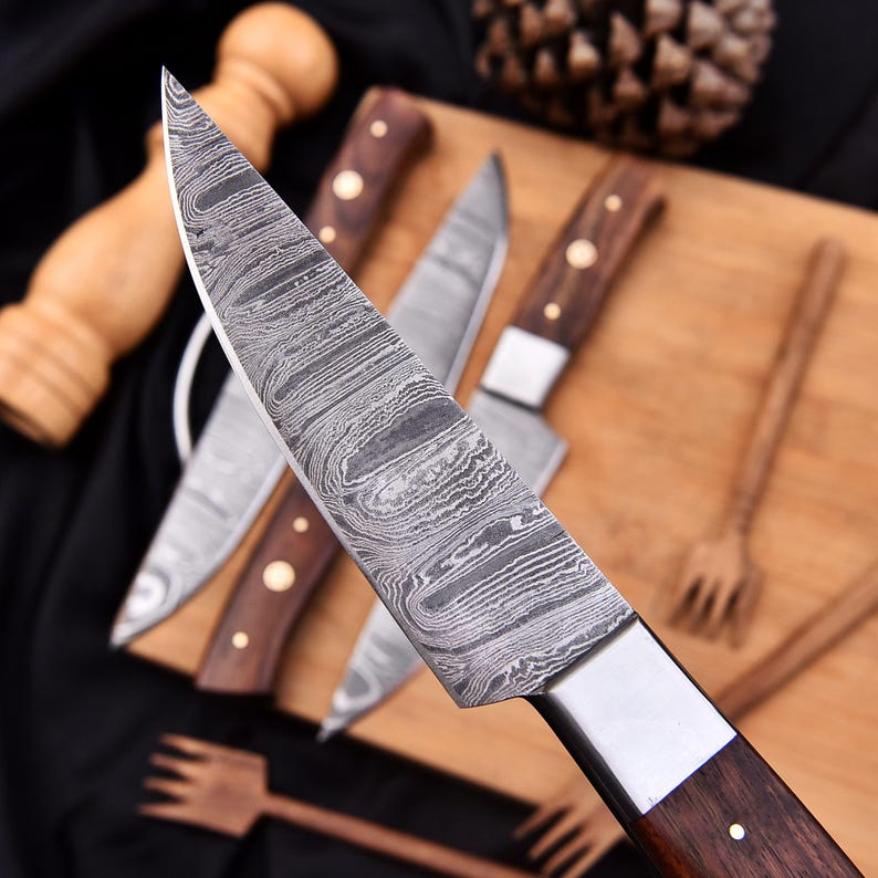 Handmade 4pcs Steak knives set with leather sheath cover wood handle