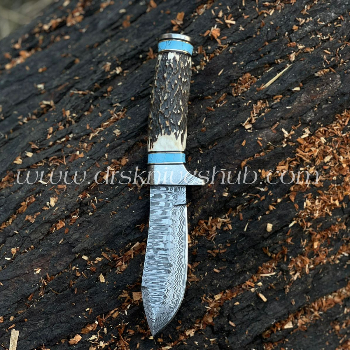 Hunting Knife Antler Horn Handle Custom Handmade Damascus Steel Blade Fixed Knife, Camping knife