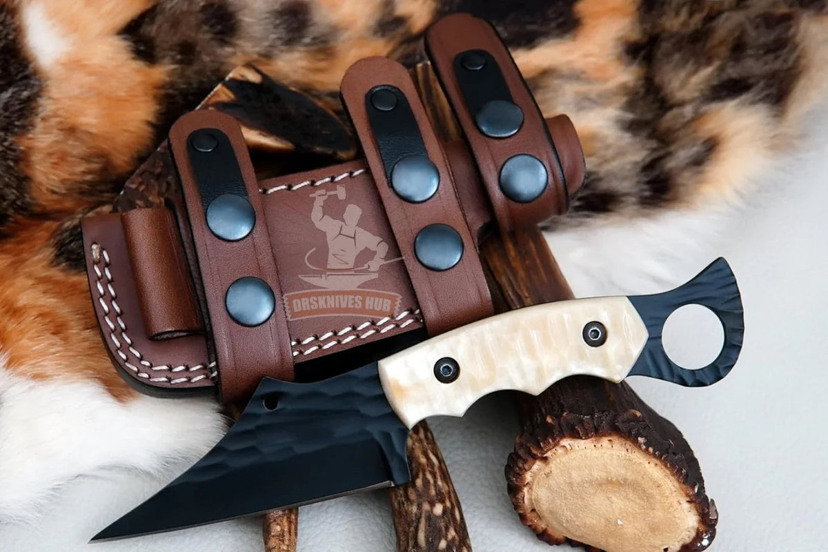 Handmade carbon steel seax knife with natural bone handle and leather sheath