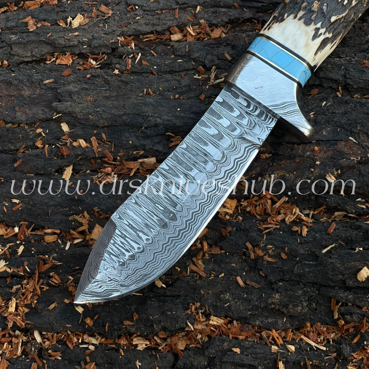 Hunting Knife Antler Horn Handle Custom Handmade Damascus Steel Blade Fixed Knife, Camping knife