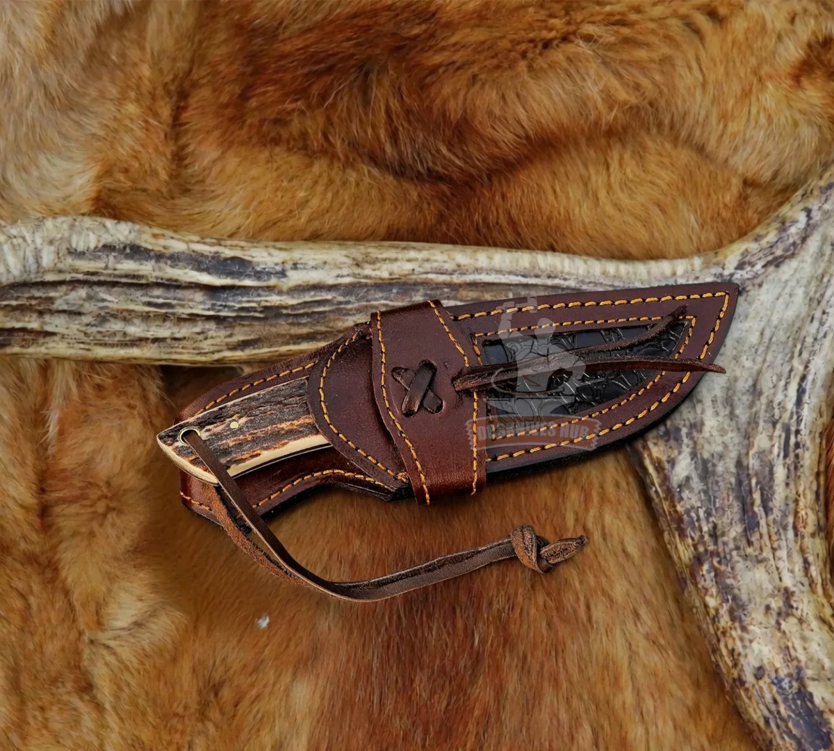 Hand-forged rasp steel skinner knife leather sheath detail