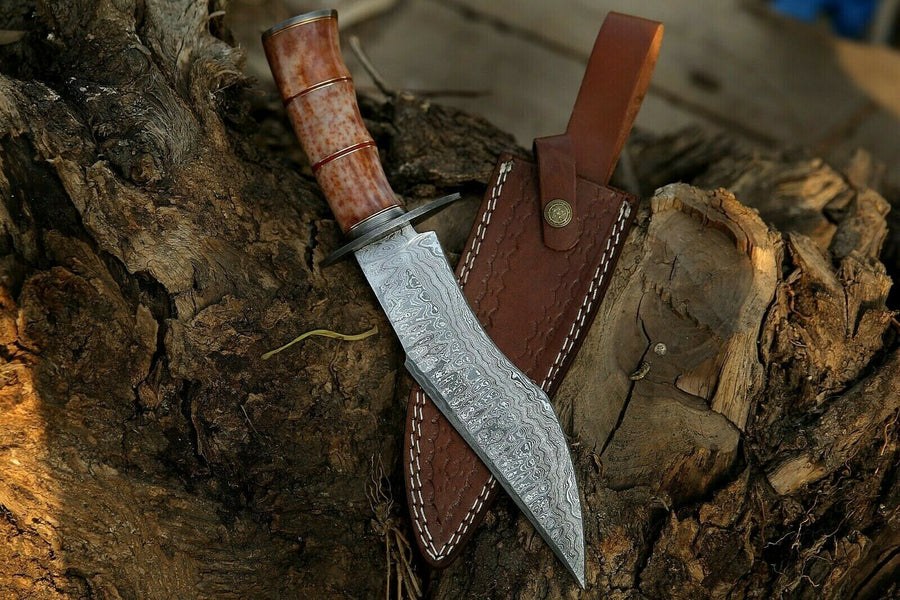 Custom Handmade Damascus Steel Bowie knife Outdoor Camping knife Fixed Blade With Leather Sheath Cover