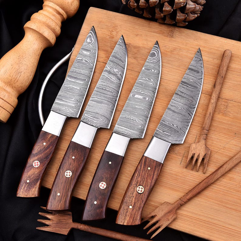 Handmade 4pcs Steak knives set with leather sheath cover wood handle