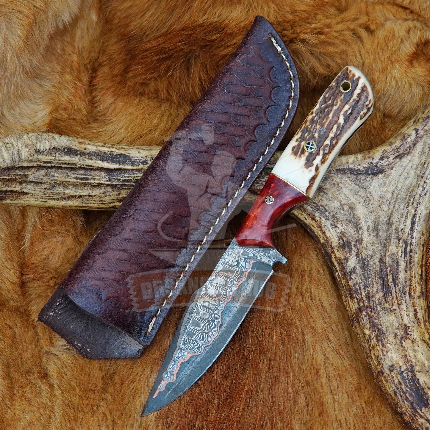 Handmade Copper Damascus and Senmai Hunting knife With Leather Sheath Cover | DRSKNIVES HUB