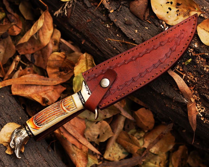 Handmade Damascus Steel Hunting Knife With Bone Handle Camping knife , Bushcraft Knife With Leather Sheath Cover