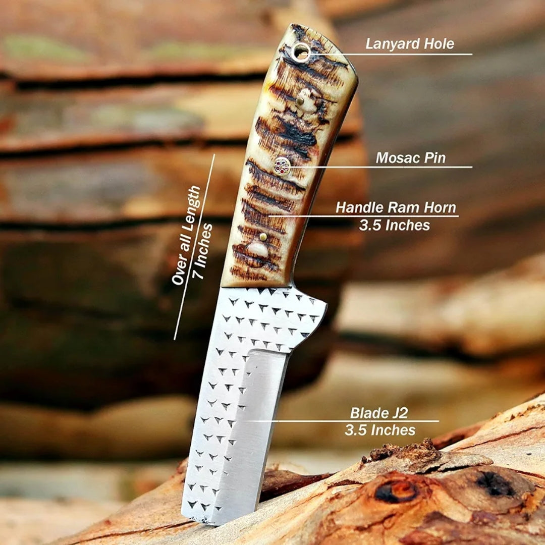 Bull Cutter Knife Handmade Cowboy Knife With Leather Sheath Ram Horn Handle